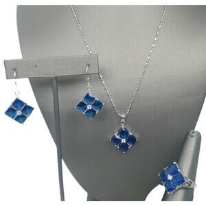Vintage Simulated Blue Sapphire Necklace, Earrings, and Size 9 Ring Set - NOS